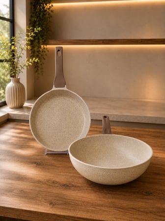 Terra 2 Parça Döküm Granit Krep Tava ve Wok Tava Seti Cappuccino Yapışmaz Yüzey