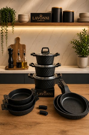 Obsidyen Prestige Mega Set 12 Parça Döküm Granit Tencere Tava ve Sahan Seti 16-18-20 cm Tencere 18-20-22 cm Sahan 20-24-28 cm Tava Siyah