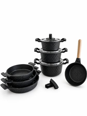 Obsidyen Comfort Set 10 Parça Döküm Granit Tencere Sahan ve Sosluk Seti 16-18-20 cm Tencere 18-20-22 cm Sahan 14 cm Sosluk Siyah