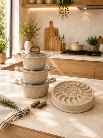 Obsidyen Gourmet Set 7 Parça Döküm Granit Tencere ve Turta Kalıbı Seti 16-18-20 cm Derin Tencere 26 cm Turta Kalıbı Cappuccino Yapışmaz Yüzey