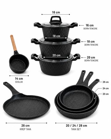 Obsidyen Supreme Set 12 Parça Döküm Granit Tencere, Tava, Krep Tava ve Sosluk Seti 16-18-20 cm Derin Tencere 20-24-28 cm Tava 26 cm Krep Tava 14 cm Sosluk Siyah