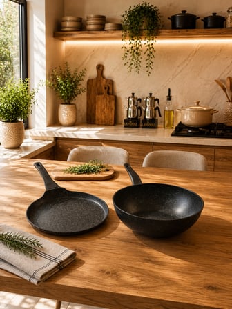 Terra 2 Parça Döküm Granit Krep Tava 26 cm ve 28 cm Wok Tava Seti Siyah Yapışmaz Yüzey