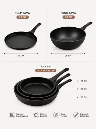 Terra Chef Set 5 Parça Döküm Granit Tava Seti 20-24-28 cm Tava 28 cm Wok Tava 26 cm Krep Tava Siyah Yapışmaz Yüzey