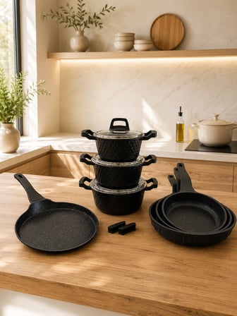 Obsidyen Complete Set 10 Parça Döküm Granit Tencere, Tava ve Krep Tava Seti 16-18-20 cm Derin Tencere 20-24-28 cm Tava 26 cm Krep Tava Siyah