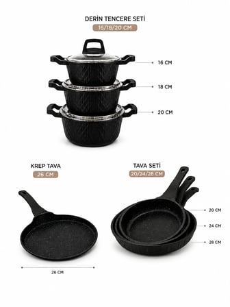 Obsidyen Complete Set 10 Parça Döküm Granit Tencere, Tava ve Krep Tava Seti 16-18-20 cm Derin Tencere 20-24-28 cm Tava 26 cm Krep Tava Siyah
