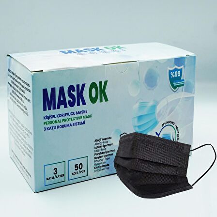 MASKOK 3 KATLI TELLİ SİYAH KORUYUCU MASKE 50 ADET