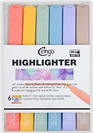 Cengo Kare Tipi Highlighter Fosforlu Kalem Retro Renkler 6lı Set CGO703