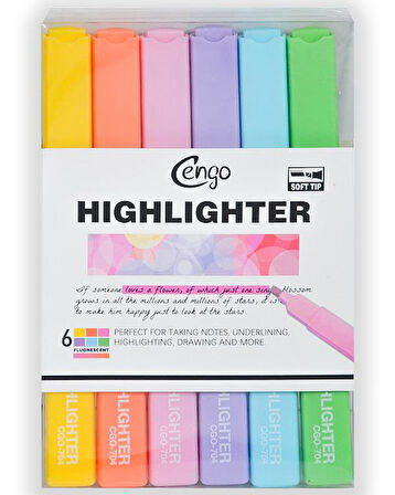Cengo Kare Tipi Highlighter Fosforlu Kalem Fluorescent Renkler 6lı Set CGO704