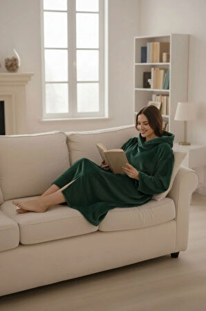 Serona Wellsoft Peluş Kapüşonlu Uzun Panço Yumuşak Dokulu Giyilebilir Tv Battaniyesi | Z.Yeşil L/XL