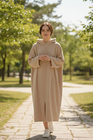 Serona Wellsoft Peluş Kapüşonlu Uzun Panço Yumuşak Dokulu Giyilebilir Tv Battaniyesi | Bej L/XL