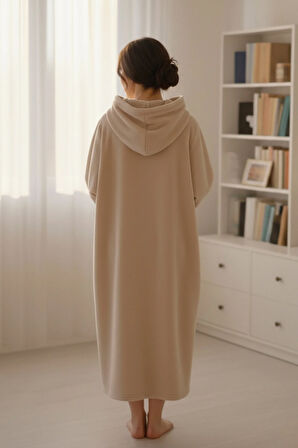 Serona Wellsoft Peluş Kapüşonlu Uzun Panço Yumuşak Dokulu Giyilebilir Tv Battaniyesi | Bej L/XL