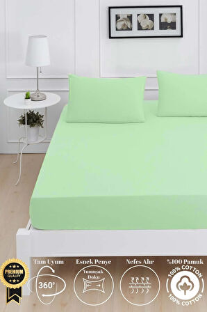 Mirava Premium %100 Pamuk Penye Lastikli Çift Kişilik Çarşaf Takımı (2 Yastık Kılıfı Dahil) Mint 140x200cm