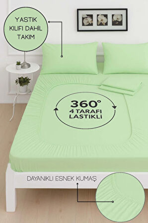 Mirava Premium %100 Pamuk Penye Lastikli Çift Kişilik Çarşaf Takımı (2 Yastık Kılıfı Dahil) Mint 140x200cm