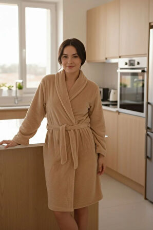 Lumor Şal Yaka Wellsoft Peluş Yumuşak Sabahlık  | Bej