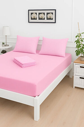 Mirava Premium %100 Pamuk Penye Lastikli Çift Kişilik Çarşaf Takımı (2 Yastık Kılıfı Dahil) Pembe 200x200cm