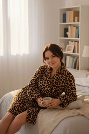 Lumor Şal Yaka Wellsoft Peluş Yumuşak Sabahlık  | Leopar
