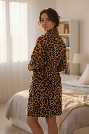 Lumor Şal Yaka Wellsoft Peluş Yumuşak Sabahlık  | Leopar