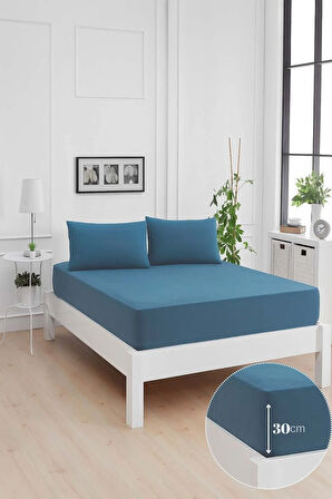 Mirava Premium %100 Pamuk Penye Lastikli Çift Kişilik Çarşaf Takımı (2 Yastık Kılıfı Dahil) İndigo 140x200cm