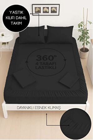 Mirava Premium %100 Pamuk Penye Lastikli Çift Kişilik Çarşaf Takımı (2 Yastık Kılıfı Dahil) Siyah 140x200cm