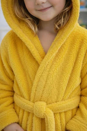 Luna Soft Kız / Erkek Çocuk Kapşonlu Pamuklu Bornoz Peluş Sabahlık |7/8 Yaş Civciv Sarısı