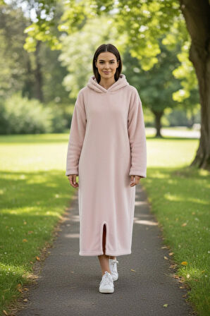 Serona Wellsoft Peluş Kapüşonlu Uzun Panço Yumuşak Dokulu Giyilebilir Tv Battaniyesi | Pudra S/M