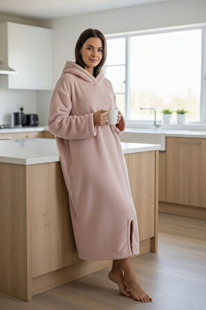 Serona Wellsoft Peluş Kapüşonlu Uzun Panço Yumuşak Dokulu Giyilebilir Tv Battaniyesi | Pudra S/M