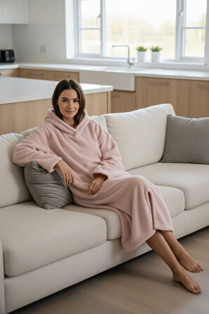 Serona Wellsoft Peluş Kapüşonlu Uzun Panço Yumuşak Dokulu Giyilebilir Tv Battaniyesi | Pudra S/M