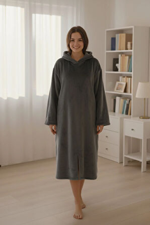 Serona Wellsoft Peluş Kapüşonlu Uzun Panço Yumuşak Dokulu Giyilebilir Tv Battaniyesi | Antrasit S/M