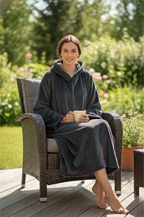 Serona Wellsoft Peluş Kapüşonlu Uzun Panço Yumuşak Dokulu Giyilebilir Tv Battaniyesi | Antrasit S/M