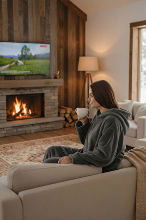 Serona Wellsoft Peluş Kapüşonlu Uzun Panço Yumuşak Dokulu Giyilebilir Tv Battaniyesi | Antrasit S/M