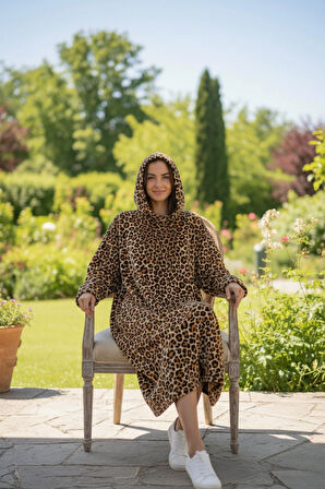 Serona Wellsoft Peluş Kapüşonlu Uzun Panço Yumuşak Dokulu Giyilebilir Tv Battaniyesi | Leopar L/XL