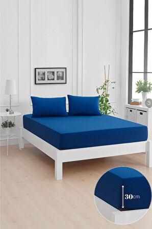Mirava Premium %100 Pamuk Penye Lastikli Çift Kişilik Çarşaf Takımı (2 Yastık Kılıfı Dahil) Lacivert 180x200cm