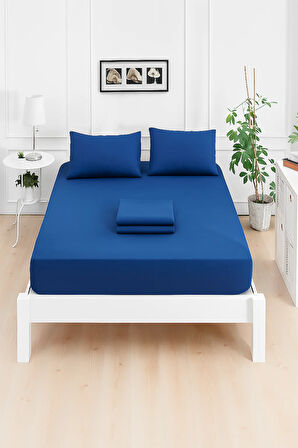 Mirava Premium %100 Pamuk Penye Lastikli Çift Kişilik Çarşaf Takımı (2 Yastık Kılıfı Dahil) Lacivert 180x200cm