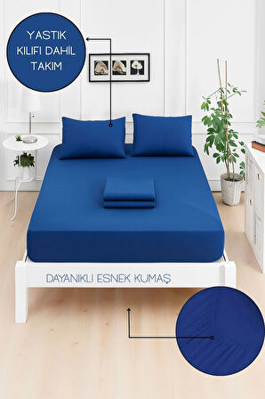 Mirava Premium %100 Pamuk Penye Lastikli Çift Kişilik Çarşaf Takımı (2 Yastık Kılıfı Dahil) Lacivert 200x200cm