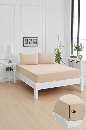 Mirava Premium %100 Pamuk Penye Lastikli Çift Kişilik Çarşaf Takımı (2 Yastık Kılıfı Dahil) Bej 200x200cm