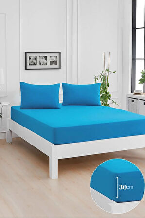 Mirava Premium %100 Pamuk Penye Lastikli Çift Kişilik Çarşaf Takımı (2 Yastık Kılıfı Dahil) Turkuaz 200x200cm