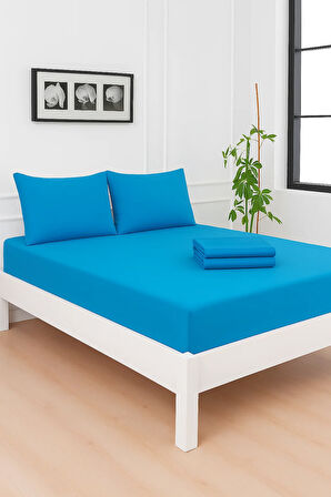Mirava Premium %100 Pamuk Penye Lastikli Çift Kişilik Çarşaf Takımı (2 Yastık Kılıfı Dahil) Turkuaz 200x200cm