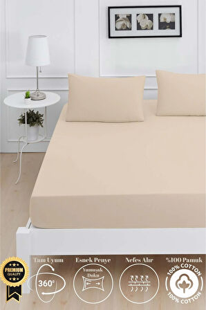 Mirava Premium %100 Pamuk Penye Lastikli Çift Kişilik Çarşaf Takımı (2 Yastık Kılıfı Dahil) Bej 140x200cm