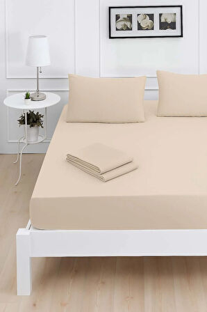 Mirava Premium %100 Pamuk Penye Lastikli Çift Kişilik Çarşaf Takımı (2 Yastık Kılıfı Dahil) Bej 140x200cm