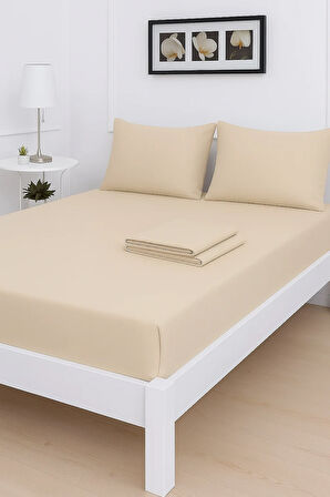 Mirava Premium %100 Pamuk Penye Lastikli Çift Kişilik Çarşaf Takımı (2 Yastık Kılıfı Dahil) Bej 140x200cm