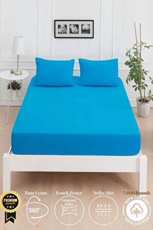 Mirava Premium %100 Pamuk Penye Lastikli Çift Kişilik Çarşaf Takımı (2 Yastık Kılıfı Dahil) Turkuaz 180x200cm