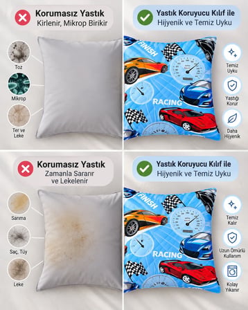 Kapitone Fermuarlı Yastık Alezi 50x70 cm Pamuklu Yastık Koruyucu Kılıf Elyaf Dolgulu | Mavi Araba