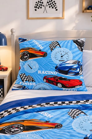 Kapitone Fermuarlı Yastık Alezi 50x70 cm Pamuklu Yastık Koruyucu Kılıf Elyaf Dolgulu | Mavi Araba