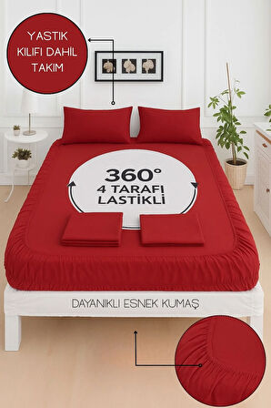 Mirava Premium %100 Pamuk Penye Lastikli Çift Kişilik Çarşaf Takımı (2 Yastık Kılıfı Dahil) Bordo 180x200cm