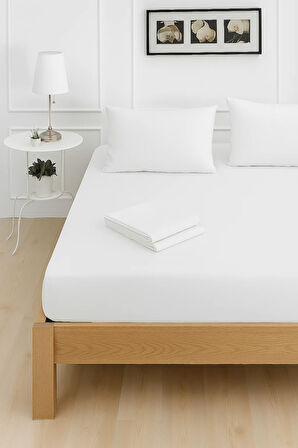 Mirava Premium %100 Pamuk Penye Lastikli Çift Kişilik Çarşaf Takımı (2 Yastık Kılıfı Dahil) Beyaz 180x200cm