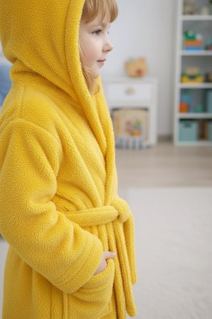Luna Soft Kız / Erkek Çocuk Kapşonlu Pamuklu Bornoz Peluş Sabahlık |5/6 Yaş Civciv Sarısı