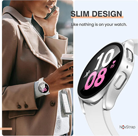 NovStrap Samsung Galaxy Watch 5 44mm Uyumlu Ekran Koruyucu Cam ve Kasa Koruyucu Kılıf Sert PC