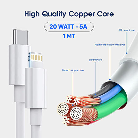 iPhone 14/13/12/11/iPad/Airpods ile Uyumlu Hızlı Şarj Kablosu Pd Type C-Lightning 20W 5A 1 Mt CA-105