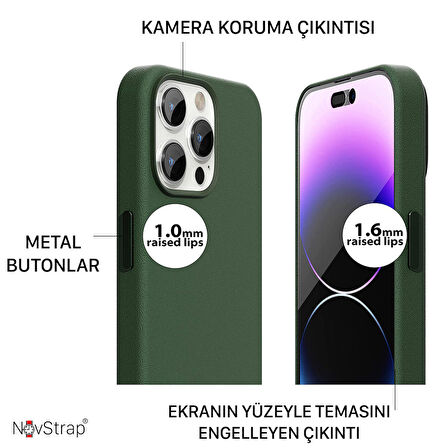 NovStrap Apple iPhone 14 Pro Uyumlu Kılıf 6.1 inç Magsafe ile Uyumlu Deri Kılıf İçi Kumaş Kadife