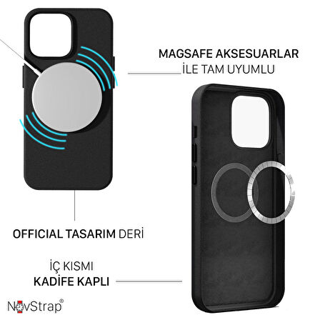 NovStrap Apple iPhone 13 Pro Uyumlu Kılıf 6.1 inç Magsafe ile Uyumlu Deri Kılıf İçi Kumaş Kadife